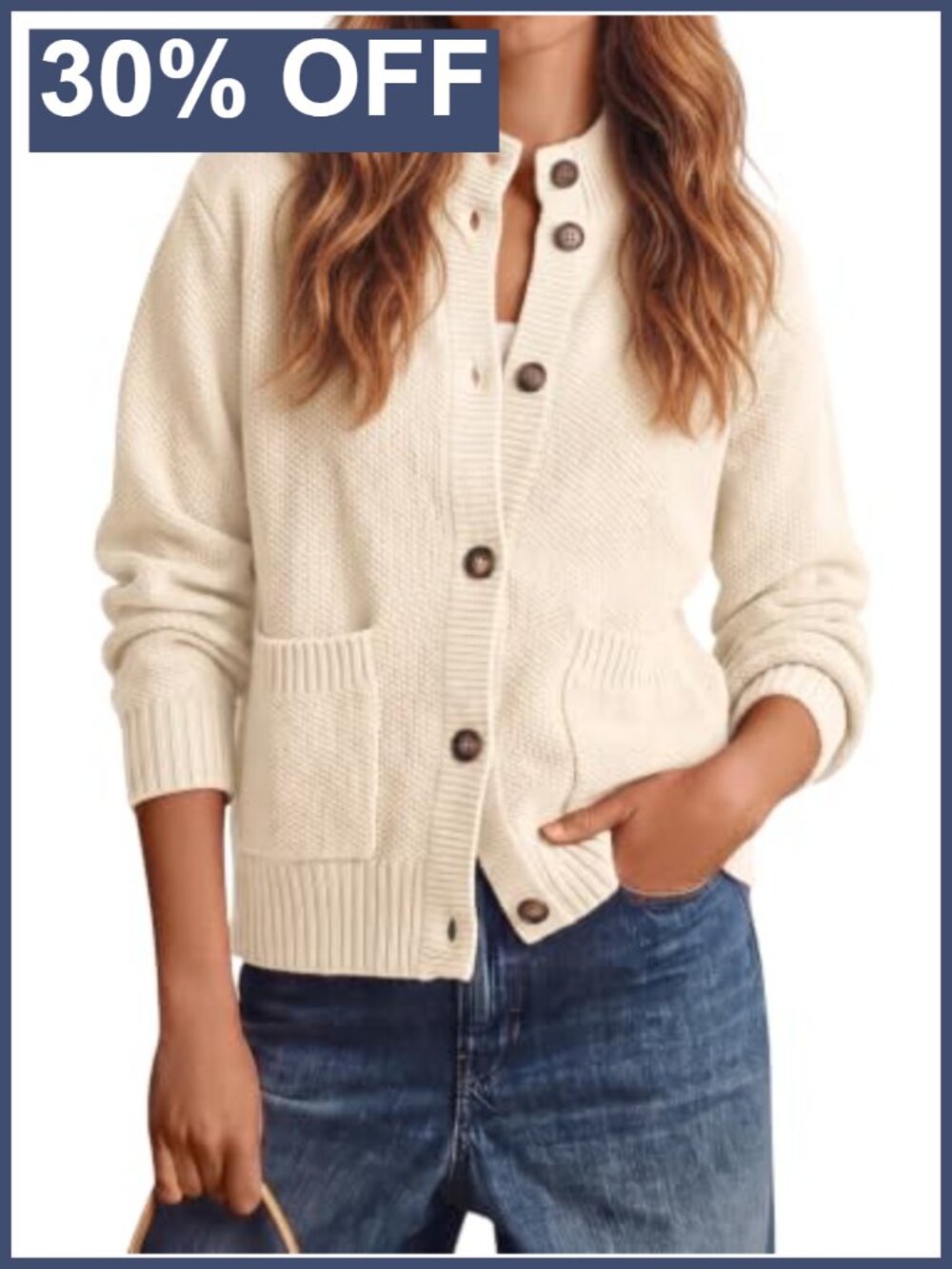 Chunky Cardigan Long Sleeve Button Down Mock Neck Sweater